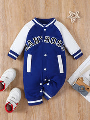 Cute Letter Print Long Sleeve Baby Boy Jumpsuit – Trendy & Comfy Outfit Blue