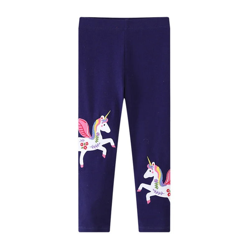 Unicorn Embroidered Girls Leggings – Full-Length Skinny Pants for Autumn & Spring