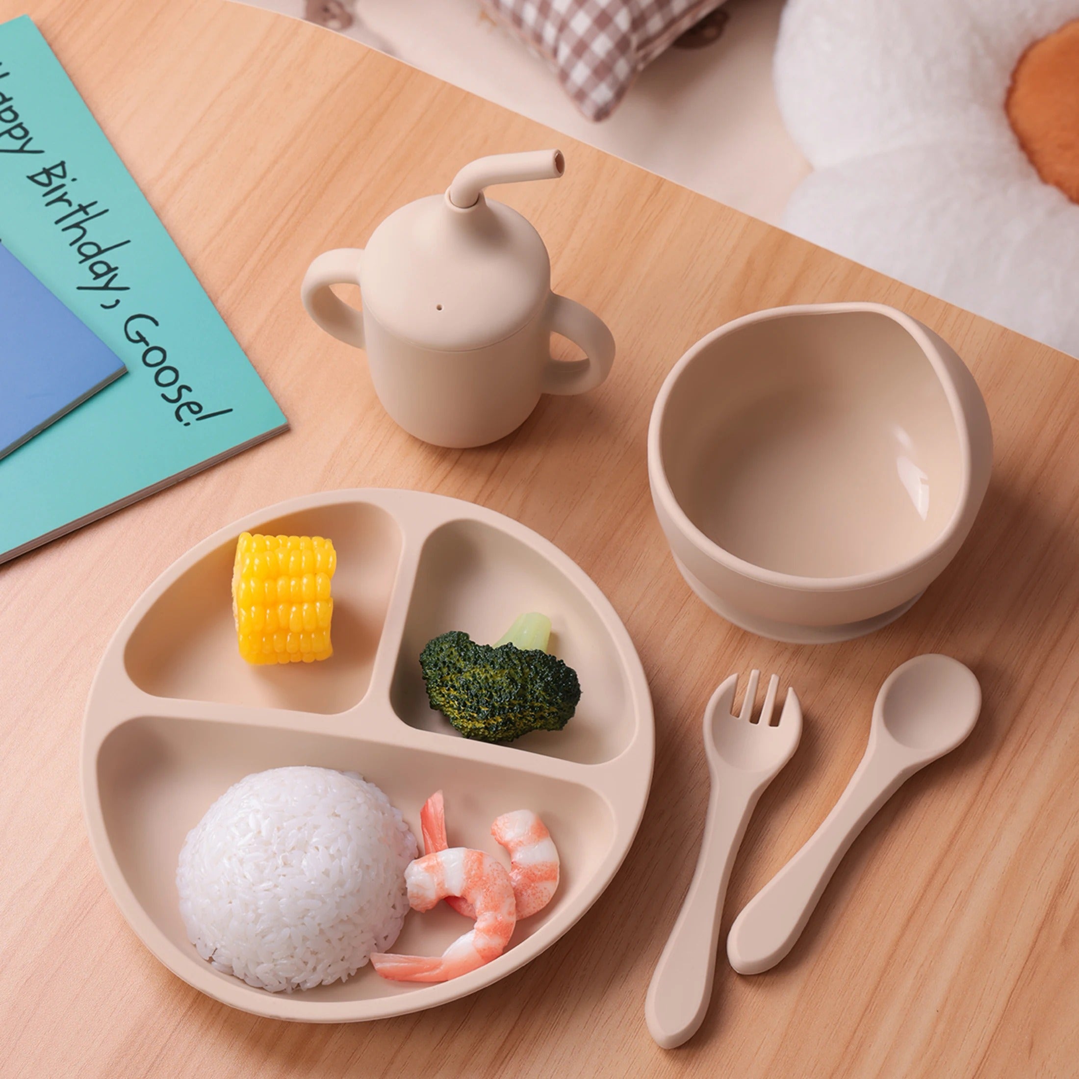 Silicone Baby Feeding Set – Suction Bowl, Plate, Bib & Utensils