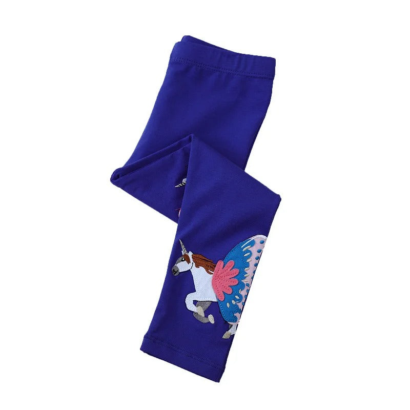 Unicorn Embroidered Girls Leggings – Full-Length Skinny Pants for Autumn & Spring