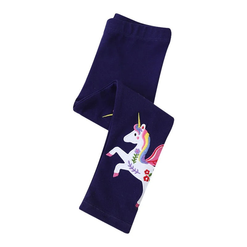 Unicorn Embroidered Girls Leggings – Full-Length Skinny Pants for Autumn & Spring