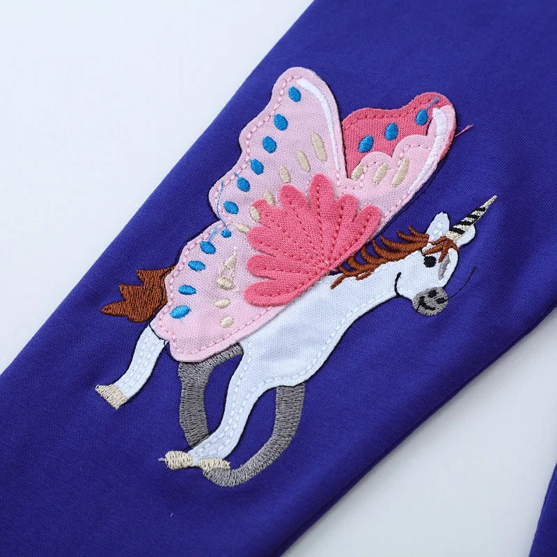 Unicorn Embroidered Girls Leggings – Full-Length Skinny Pants for Autumn & Spring