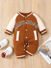 Cute Letter Print Long Sleeve Baby Boy Jumpsuit – Trendy & Comfy Outfit Brown