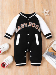 Cute Letter Print Long Sleeve Baby Boy Jumpsuit – Trendy & Comfy Outfit Black